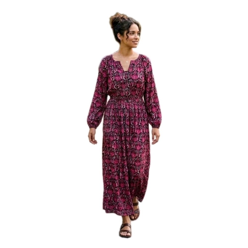 Roaman's Maxi Dress Plus Size 1X 22/24 Pink Black Paisley Boho Rayon Long Sleeve